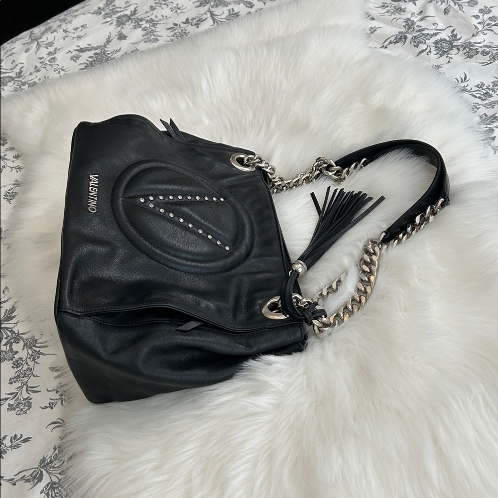 Valentino Black Leather Shoulder Bag with Silver Chain made in 🇮🇹